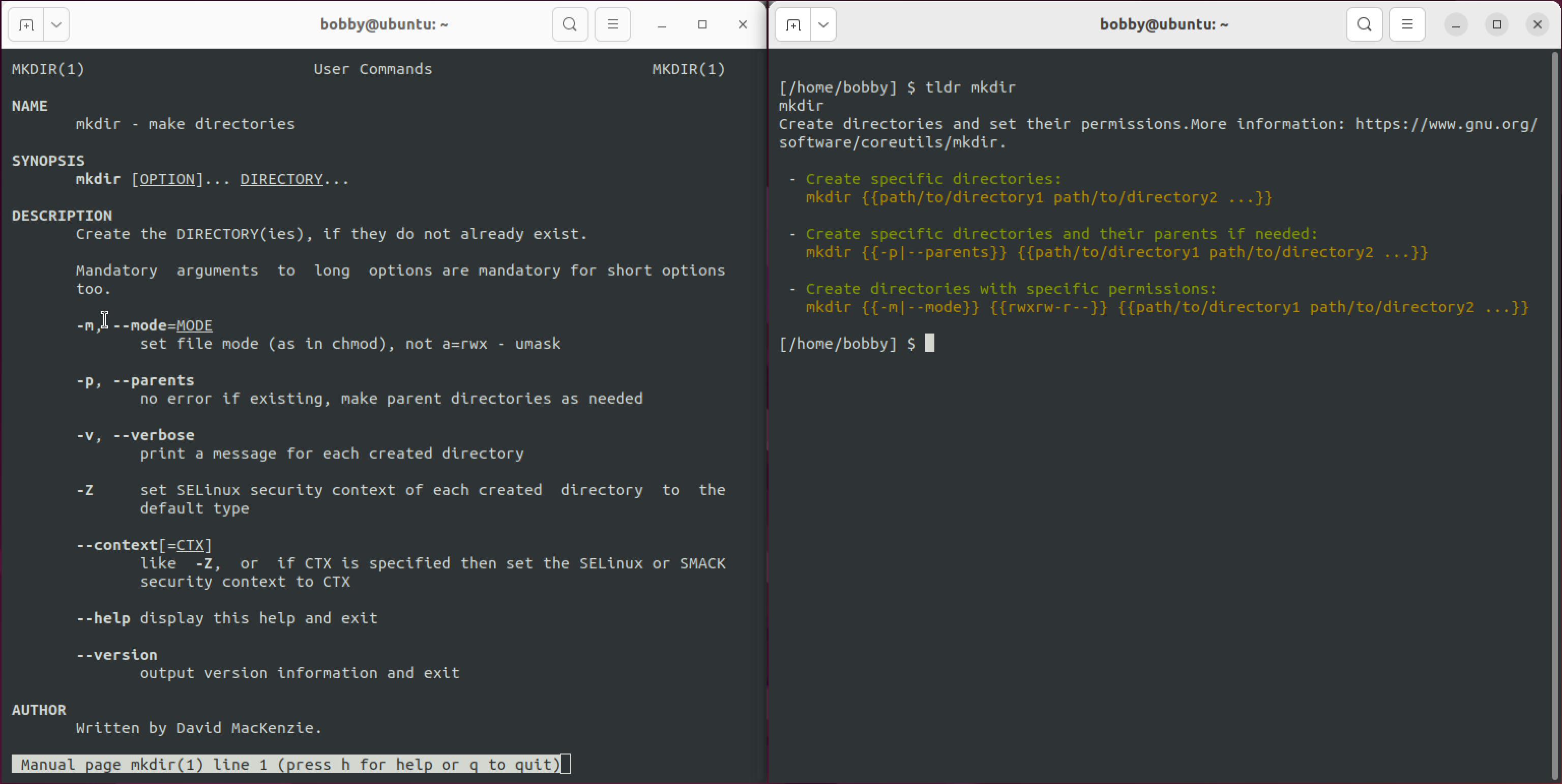 A Linux man page alongside a tldr equivalent which is much briefer, with clear examples.