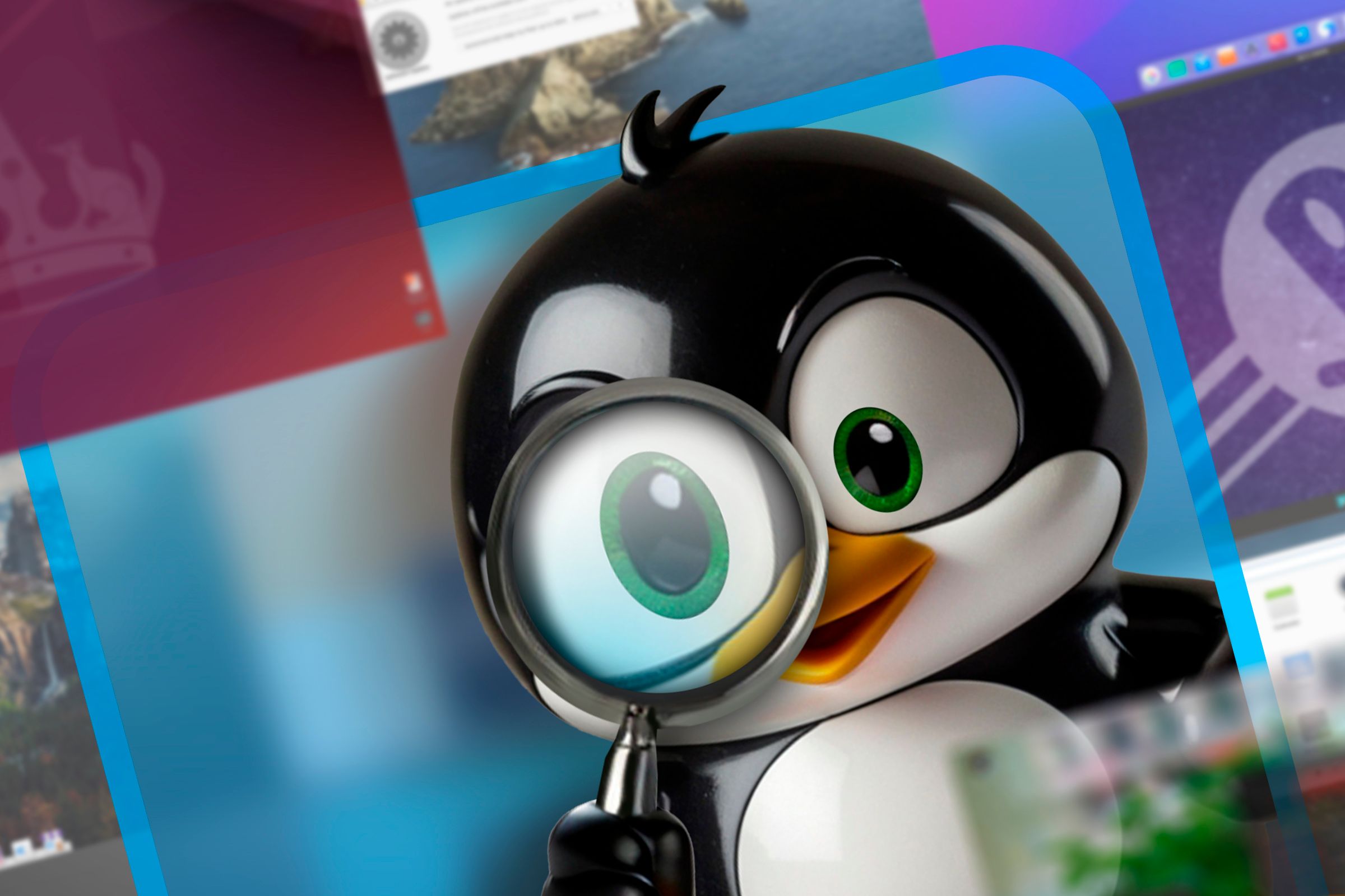 Linux mascot with a magnifying glass.