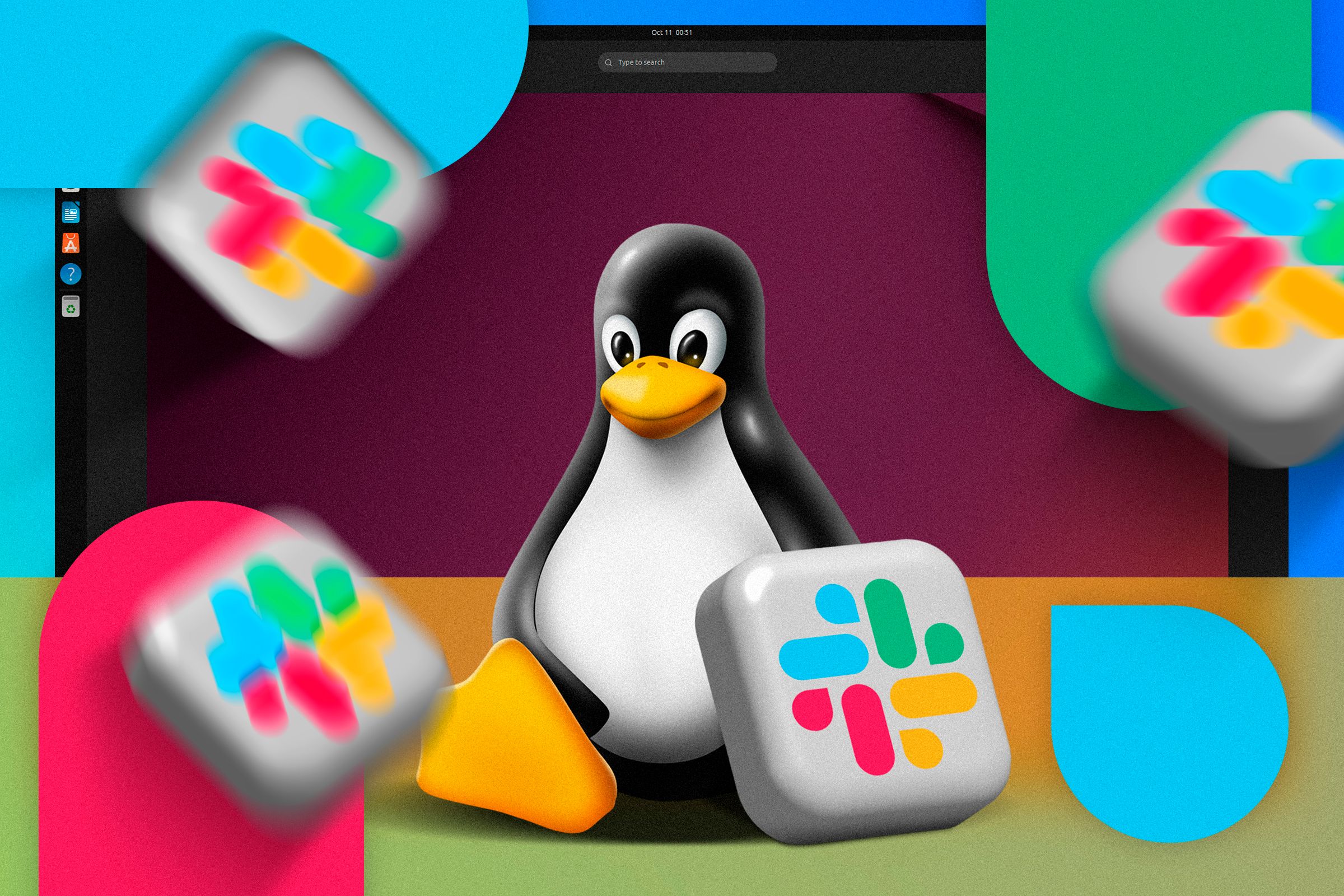 Linux mascot with the Slack logo beside it and the Ubuntu screen in the background.