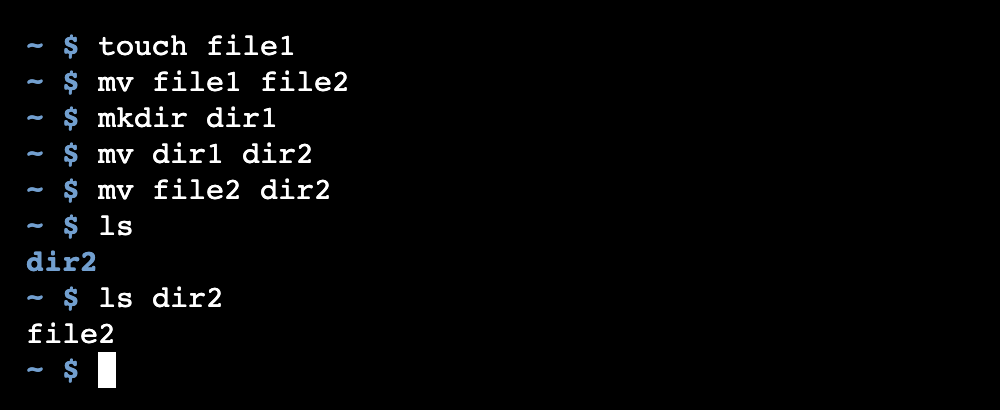 The Linux mv command renaming a file and a directory and moving a file into a directory.