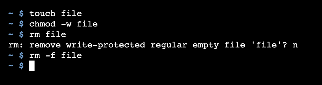 The Linux rm command with the -f option forcing deletion of a file.