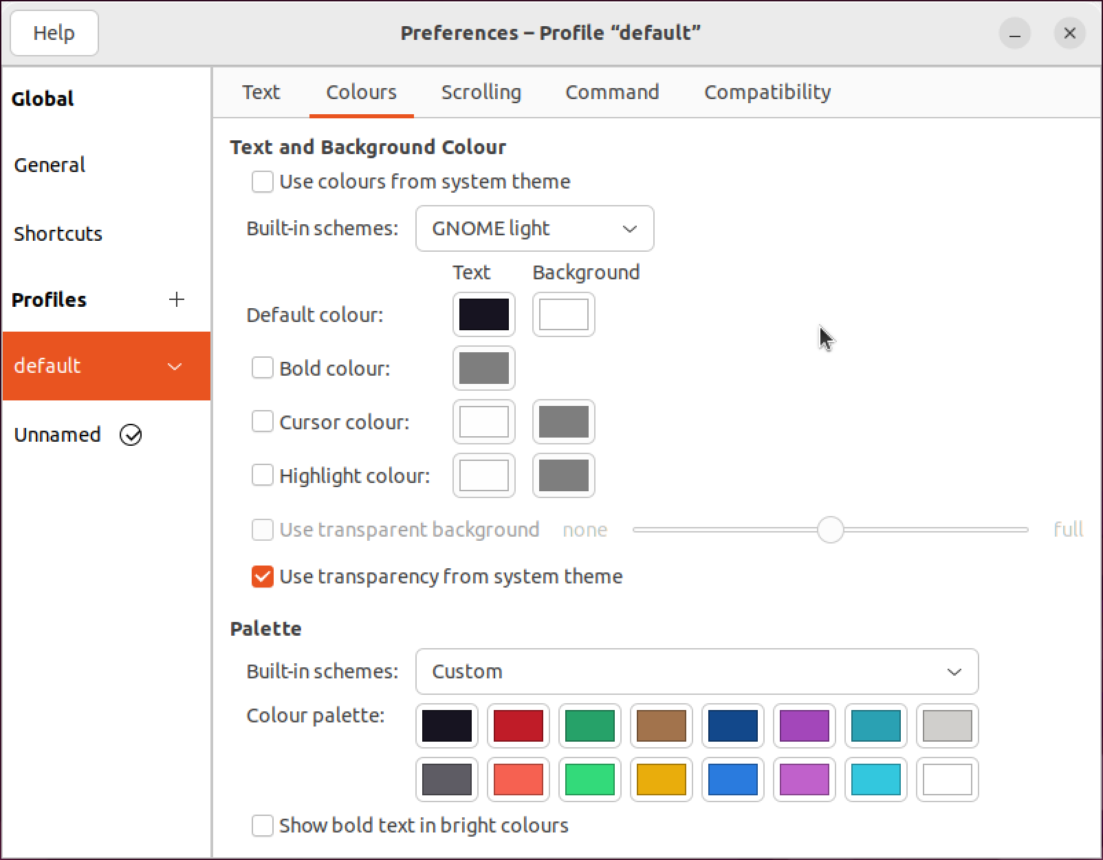 Ubuntu terminal preferences showing settings for text and background color.