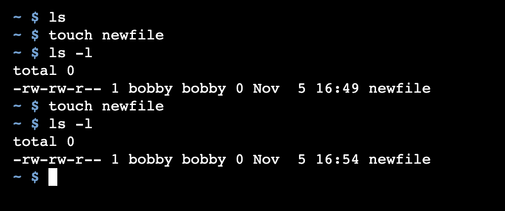 The touch command creating a new file, then updating its modification time, confirmed by an ls.