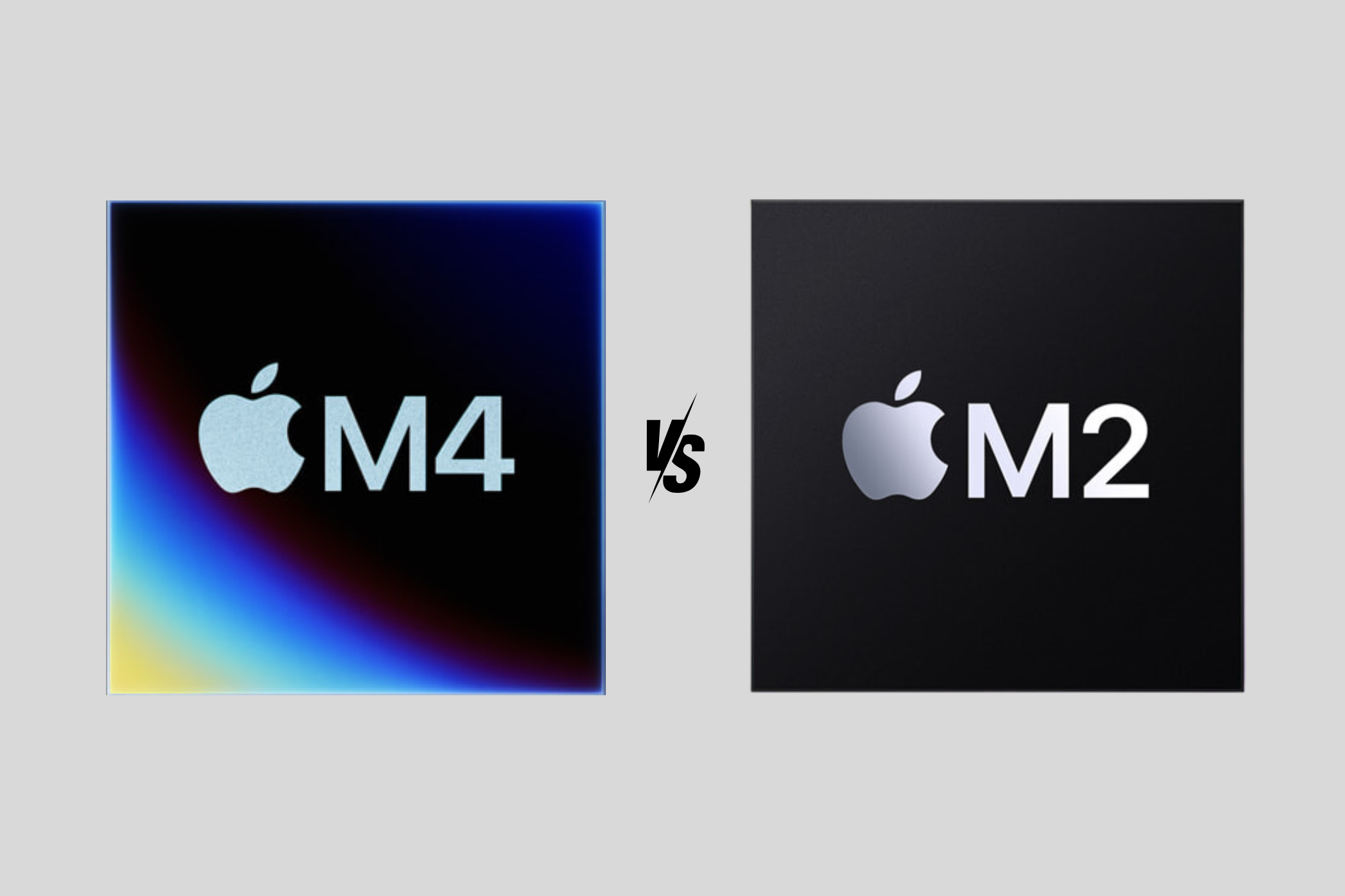 Mascots of the Apple M4 and M2 chips side by side with a versus symbol in between.