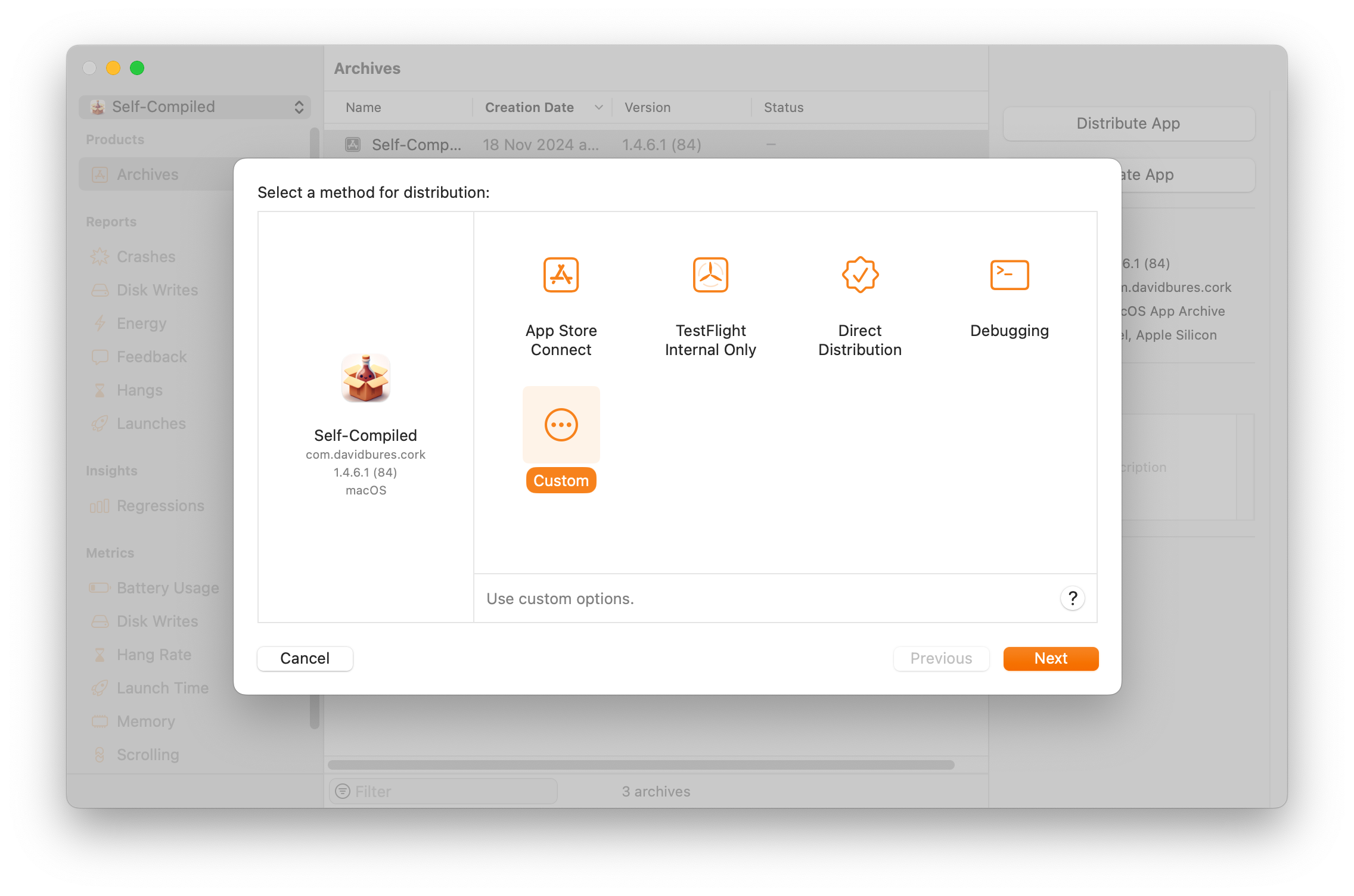 Xcode with the custom distribution option selected for a project.