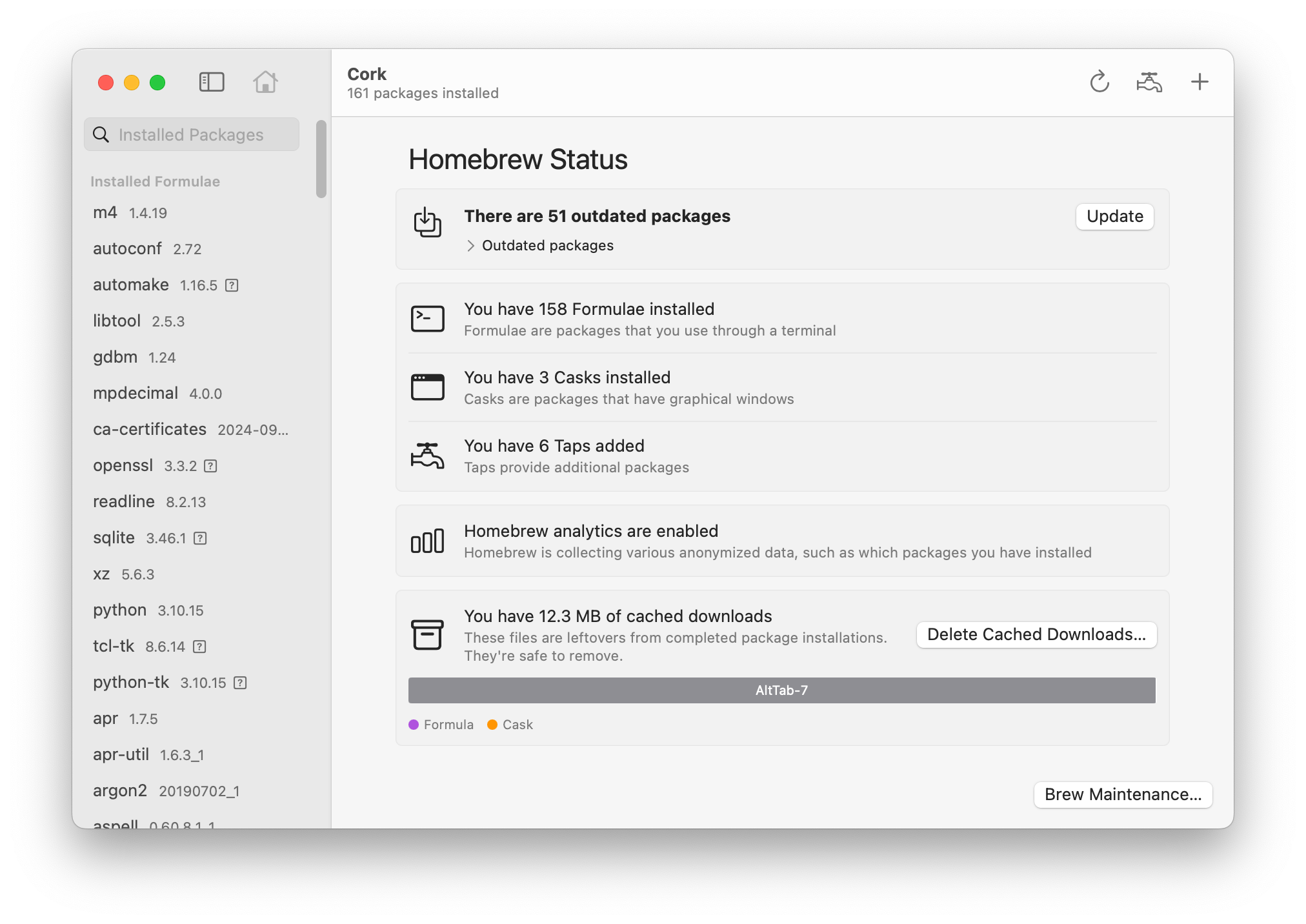 The Cork app showing Homebrew Status including outdated packages, number of formulae installed, and cached downloads.