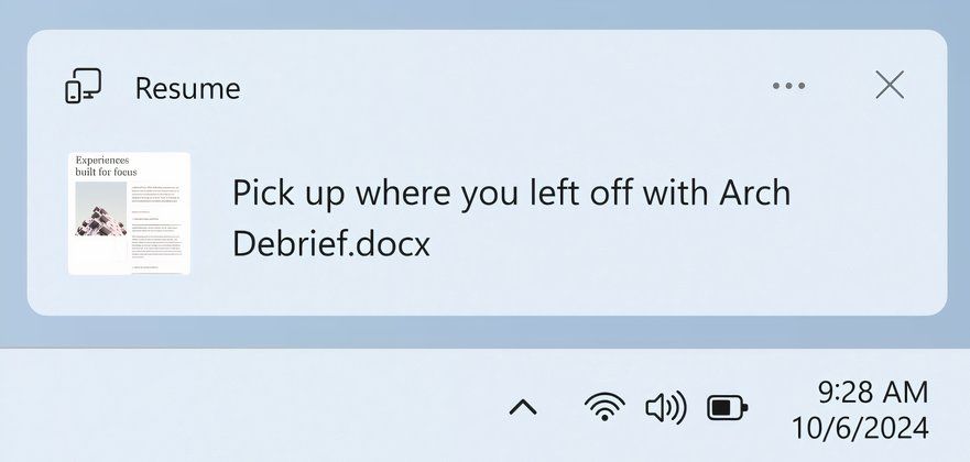 Windows notification to resume working on a OneDrive document.