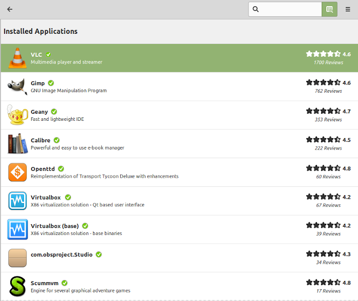 Picture of a list of installed programs in Linux Mint.