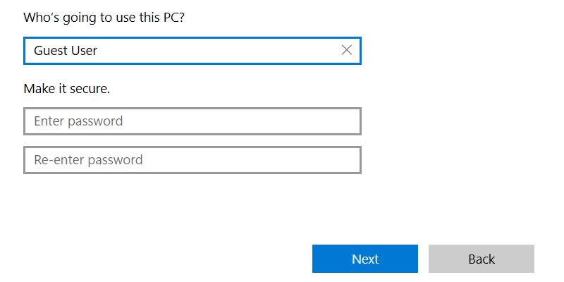 Creating a guest user account on Windows 11.