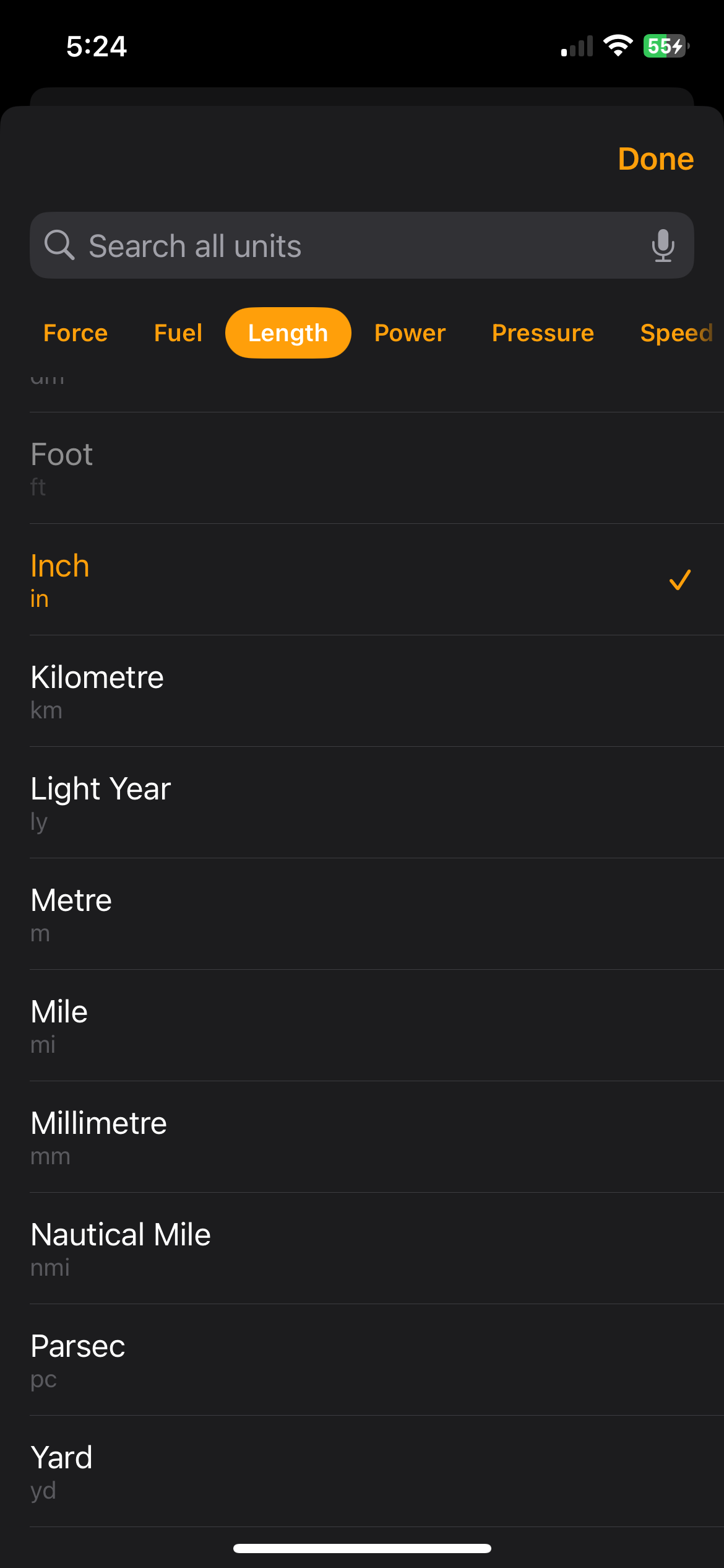 The selecting units in iOS 18 Calculator app on iPhone.