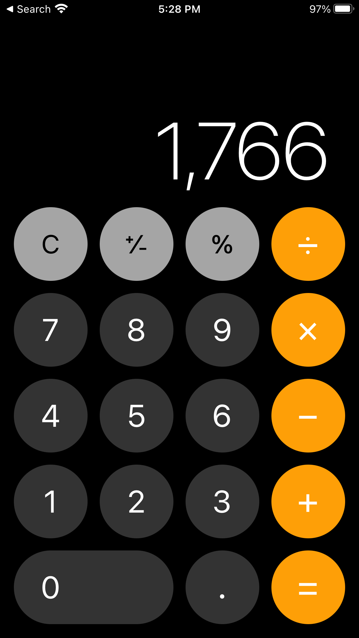 Performing a calculation in the Calculator app on iOS 16.