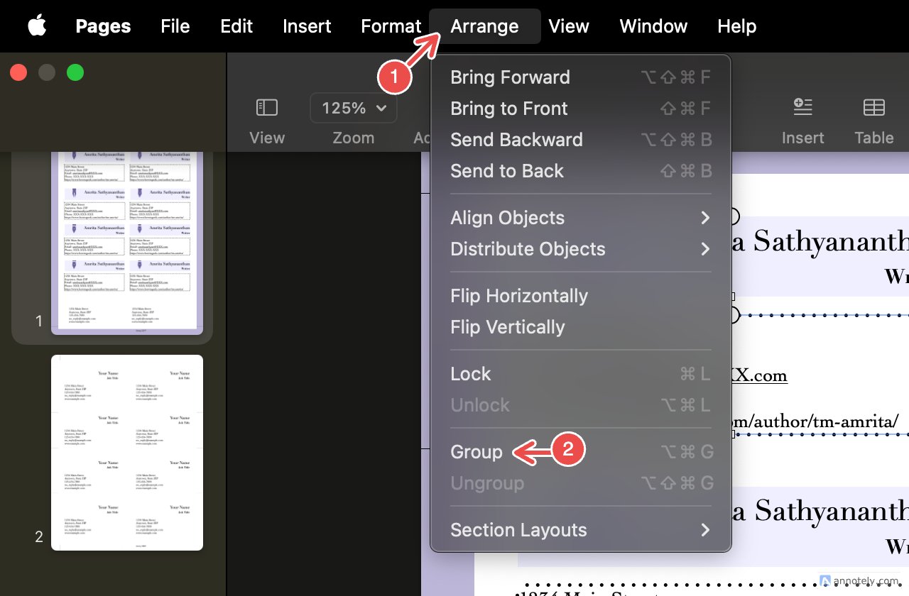 Grouping elements on Apple Pages.