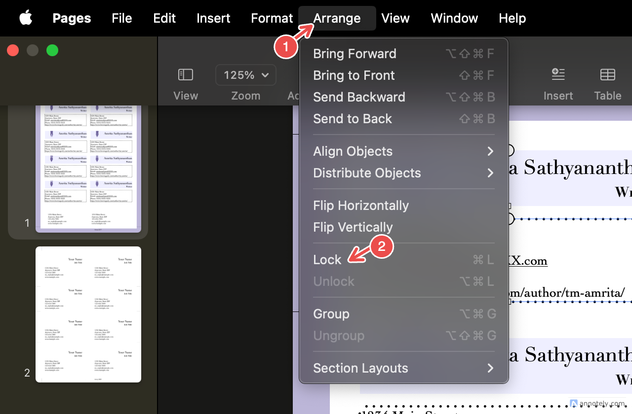 Locking elements on Apple Pages.