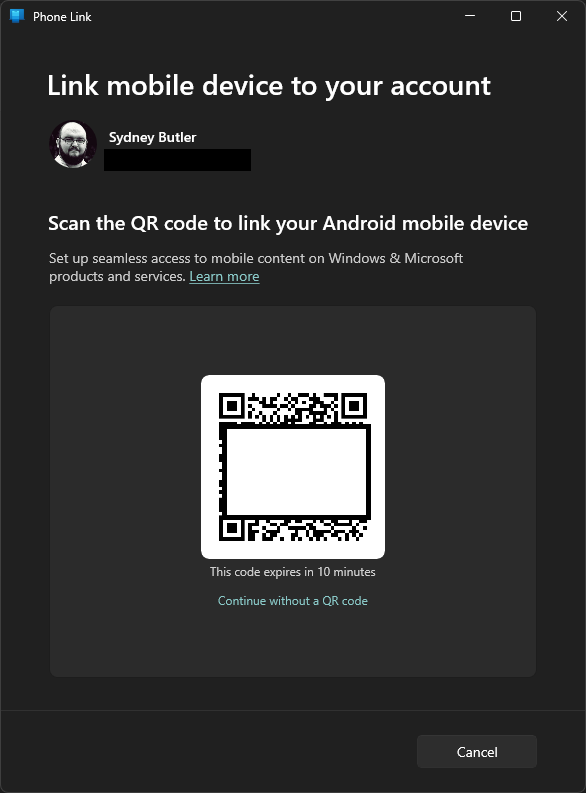 Phone Link QR code startup screen.