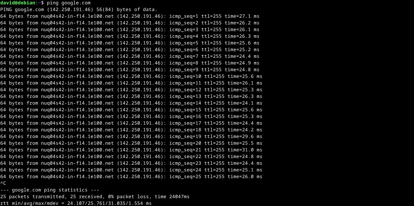 Output of the ping command on google.com