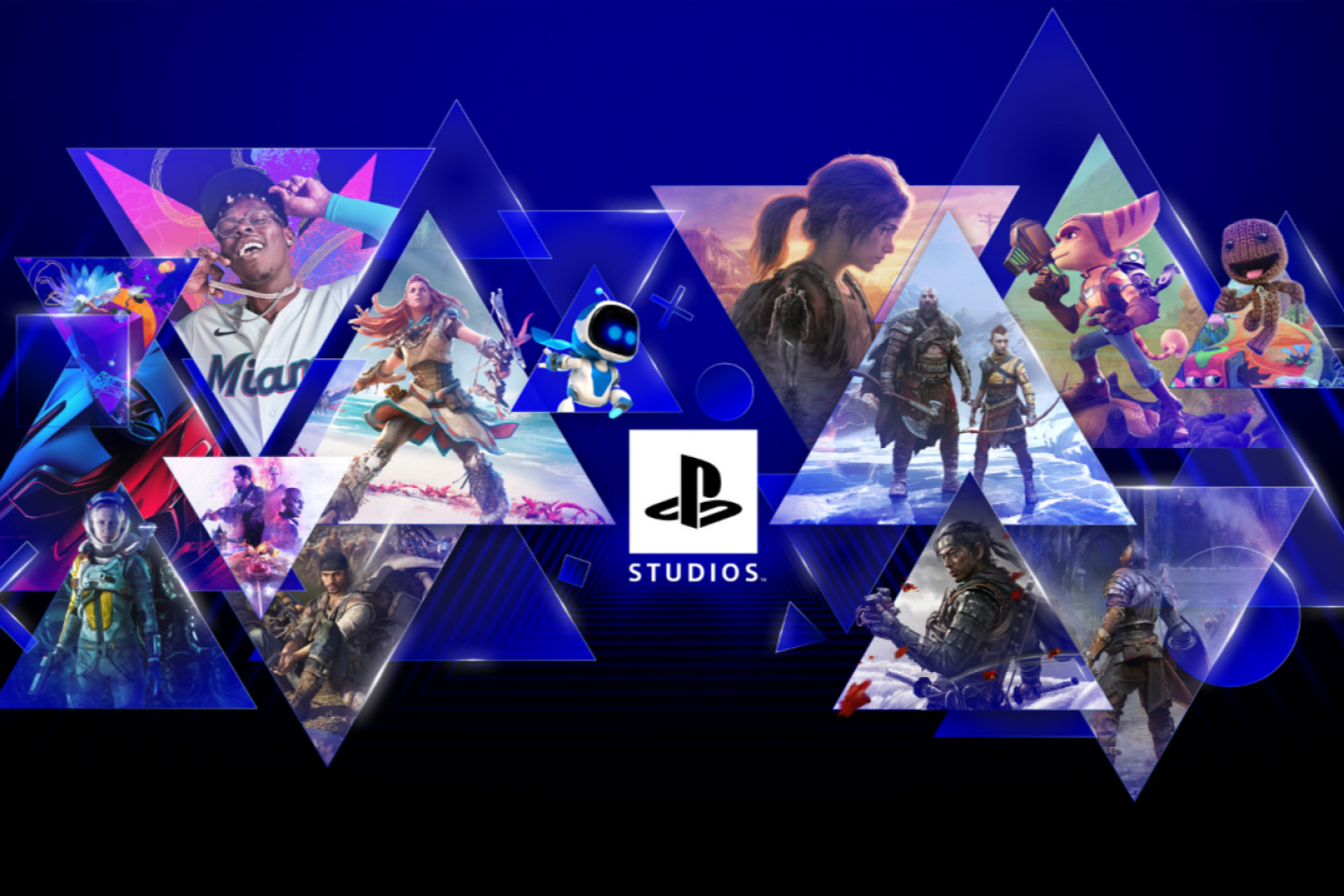 PlayStation Studios logo with a bunch of PlayStation game franchises.