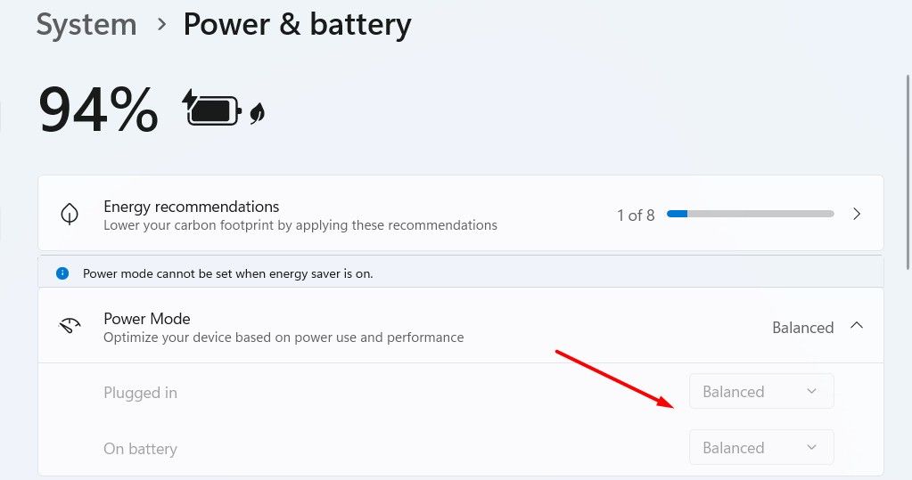 Power Mode greyed out options in Windows 11.