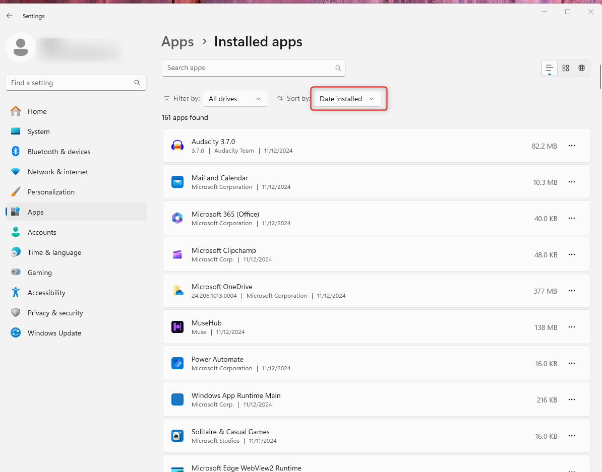 Windows installed apps window open, highlighting installed apps sort by date.
