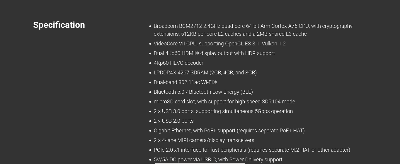 Raspberry Pi 5 specifications listed on the official website.