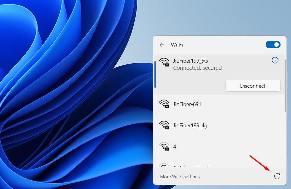 Refresh icon in the Windows 11 Quick Settings menu.