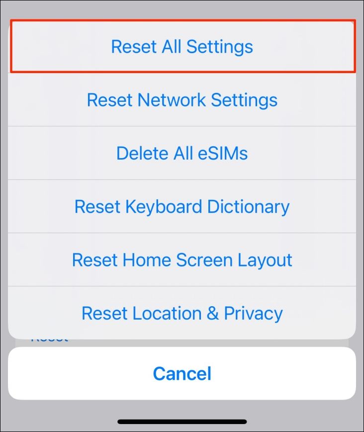 Reset All Settings on iPhone.