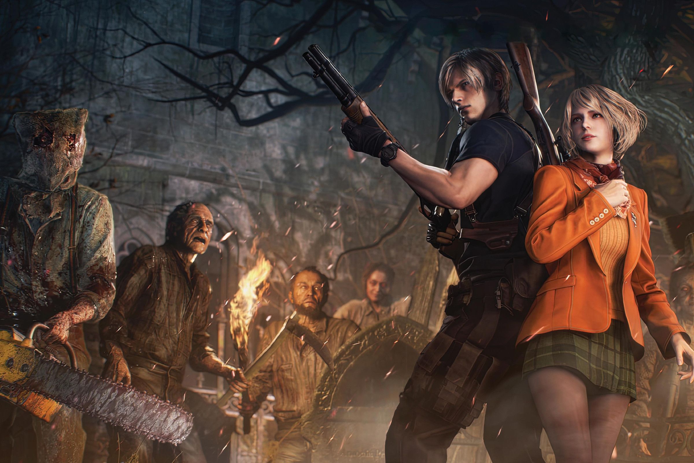 Leon, Ashley, and the villagers from Resident Evil 4 Remake.