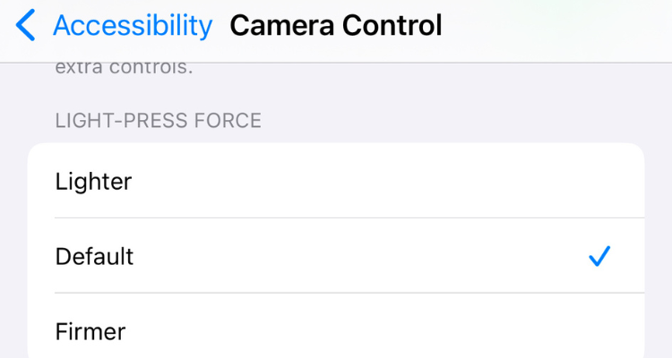 Screenshot of the Camera Control Accessibility menu in Settings app on an iPhone 16.