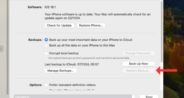 Screenshot of the iPhone's software and backup settings menu with an arrow next to the restore backup option.