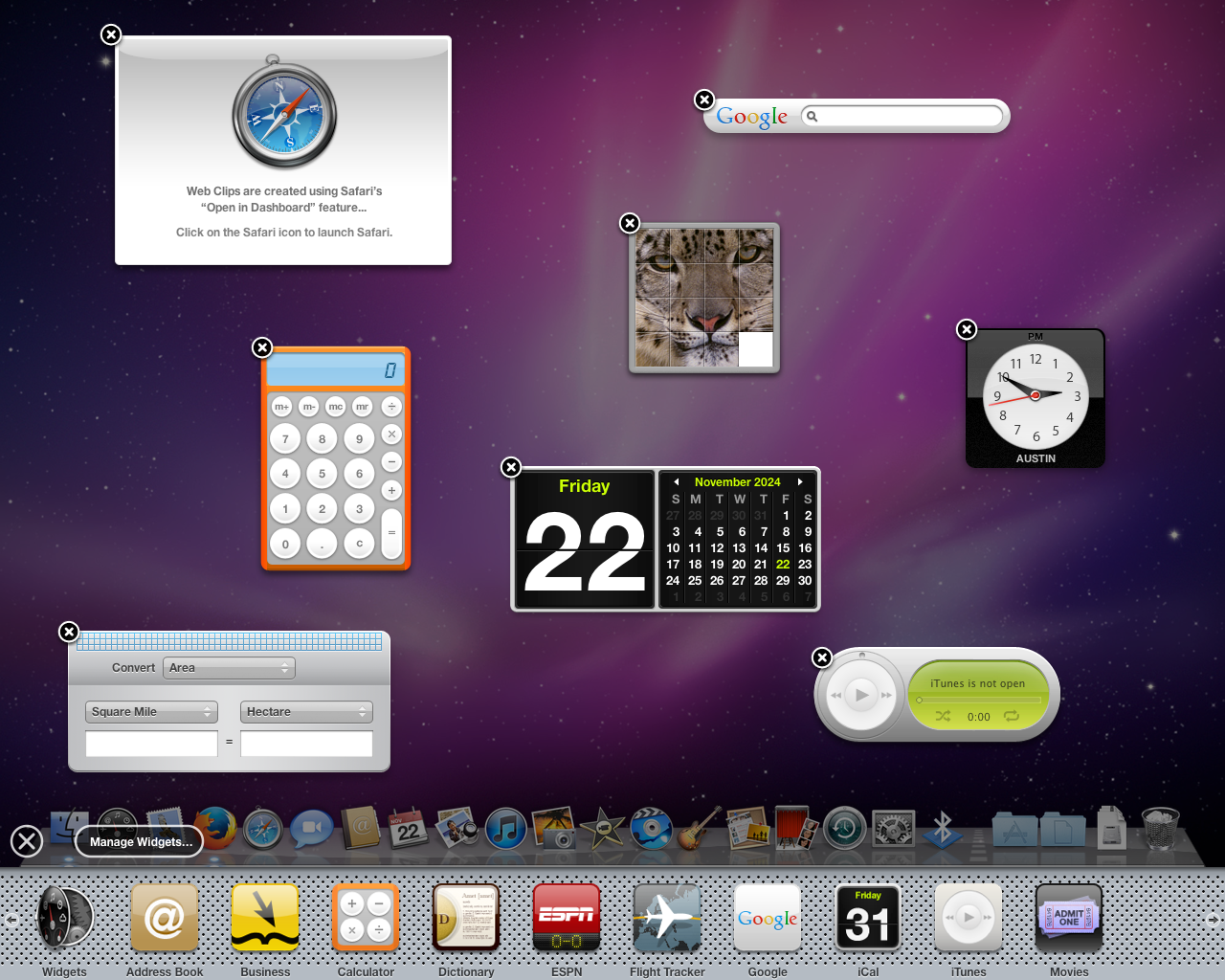 Dashboard on old Mac OS X with widgets for calculator, calendar, iTunes, and more.