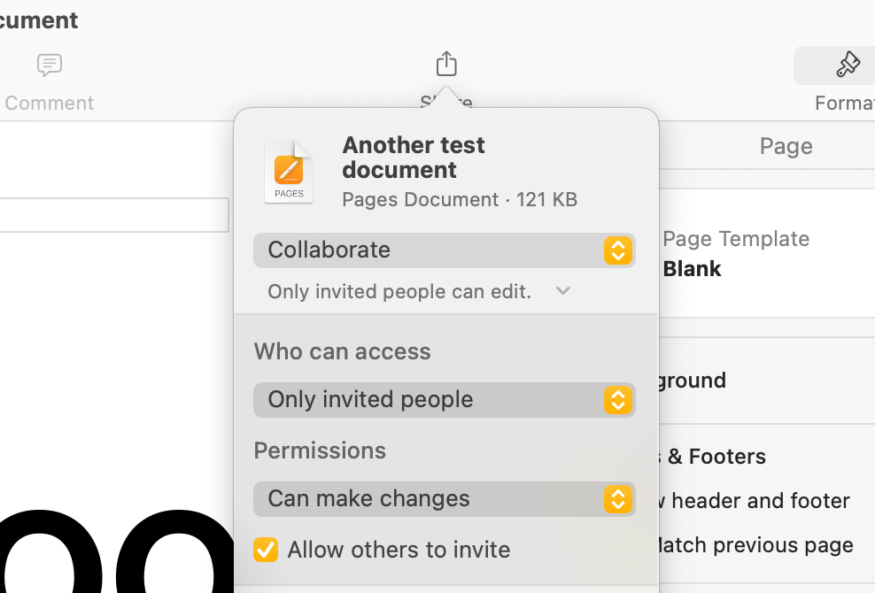 Sharing a document with another user in Pages on a Mac.