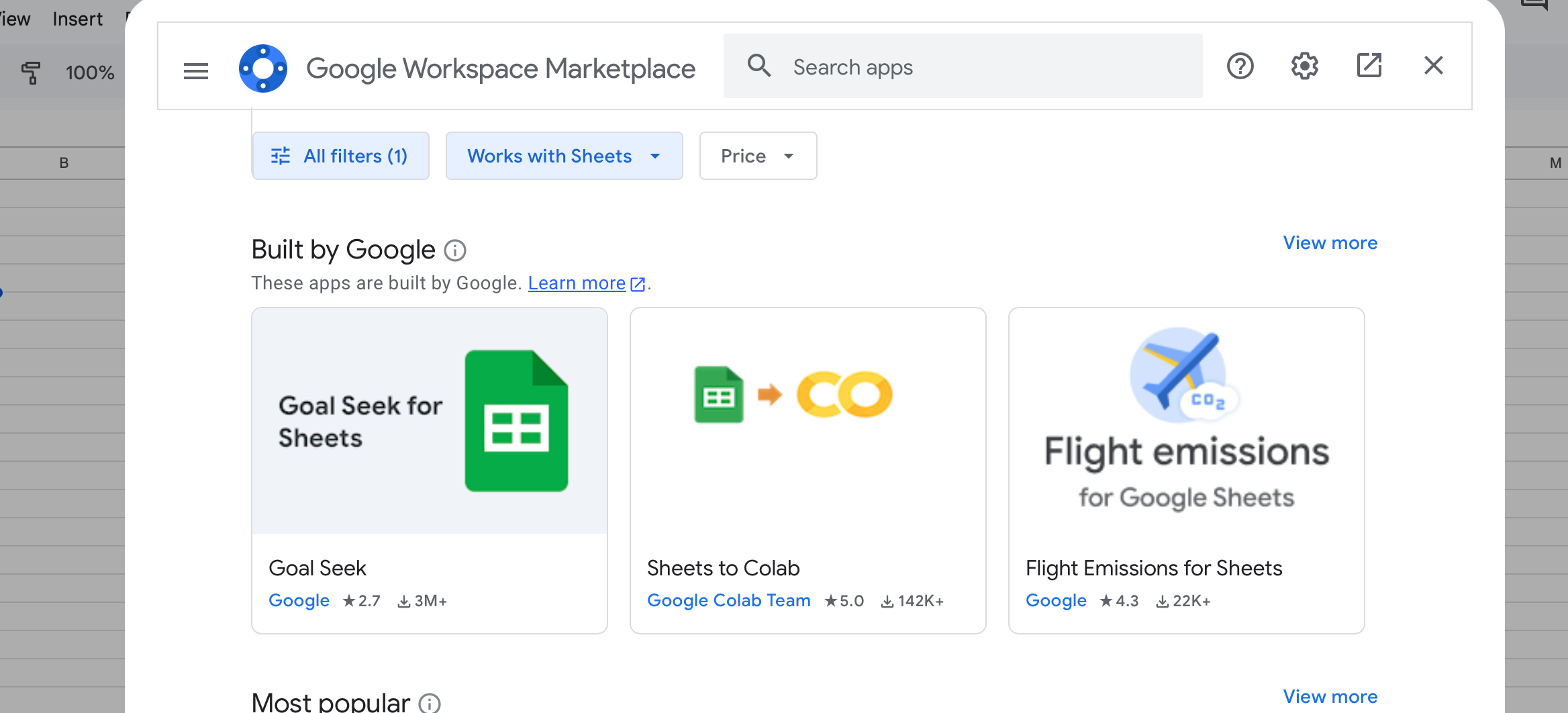 A screenshot of the Google Workspace Marketplace within Google Sheets.