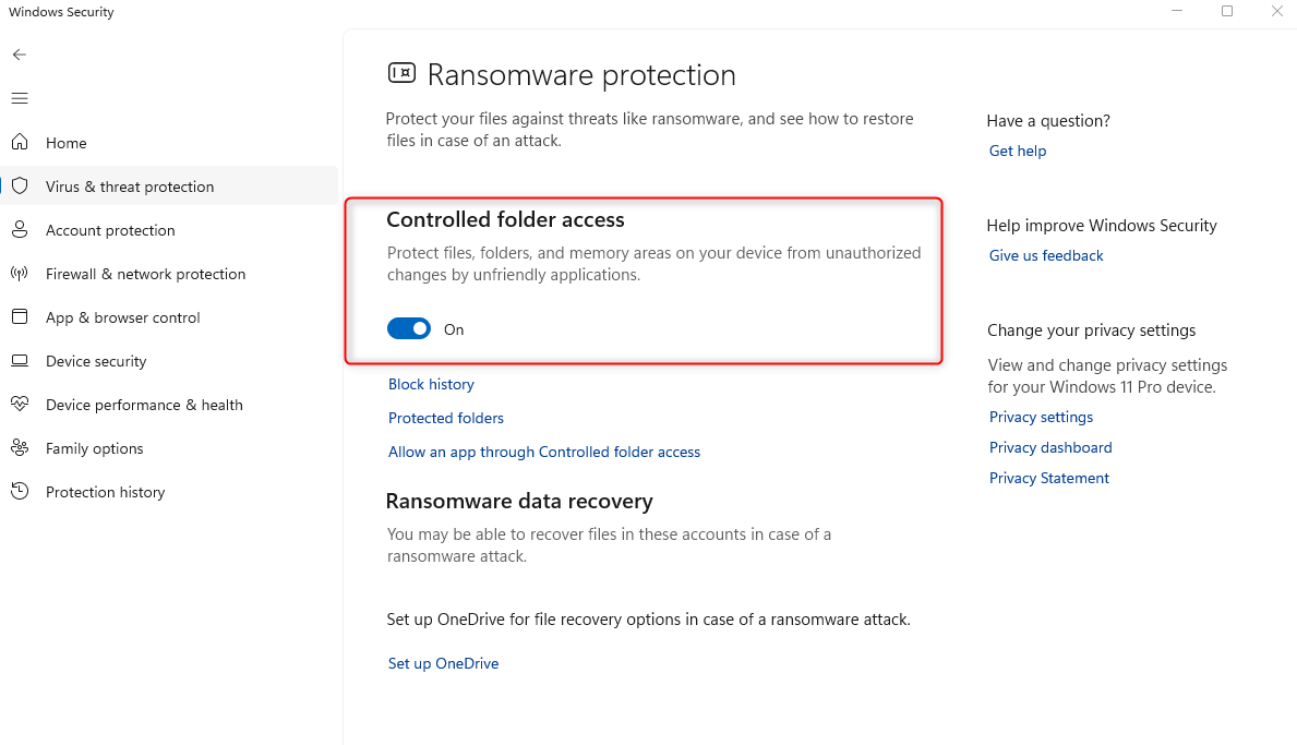 Toggle on controlled folder access for ransomware protection.