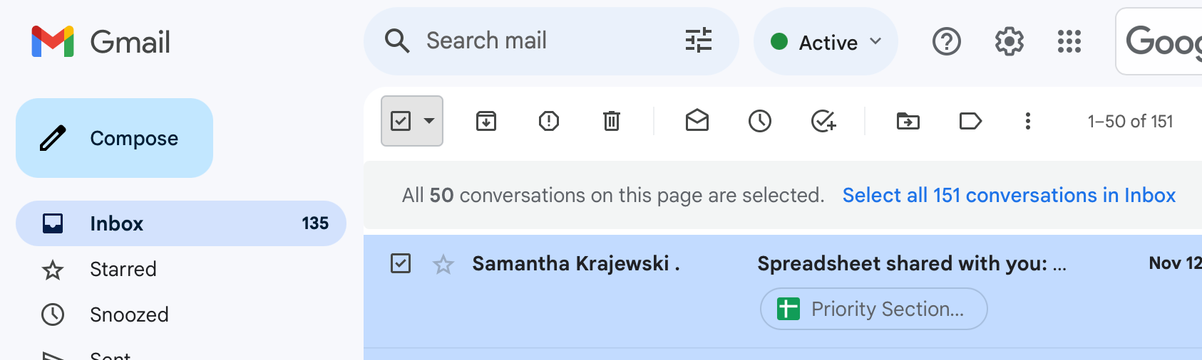 Selecting the first 50 messages in a Gmail inbox.