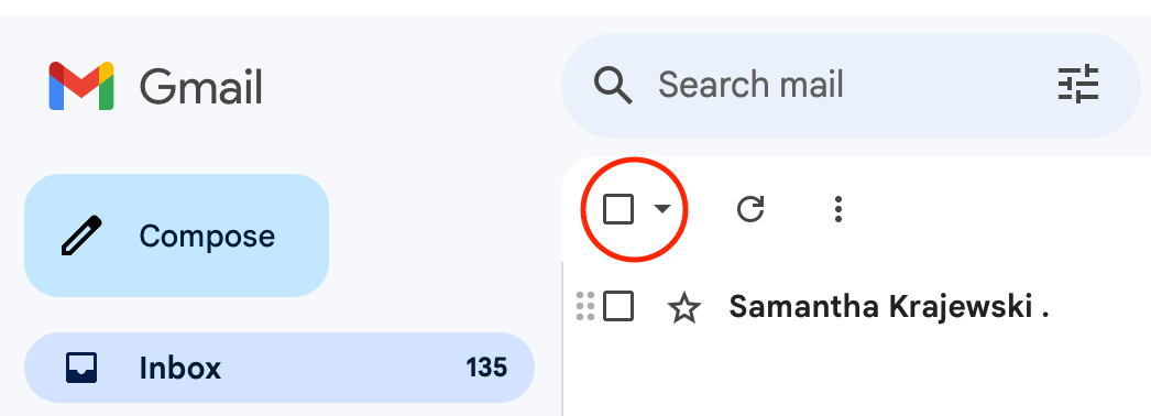 The toggle for selecting all messages in your Gmail inbox.