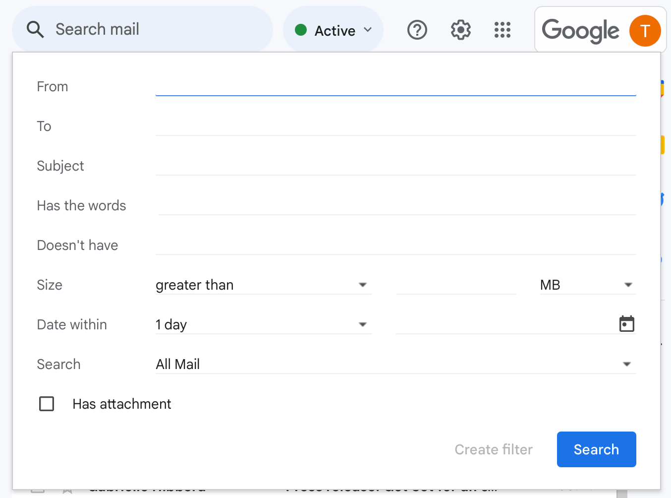 The Advanced Search box in Gmail.