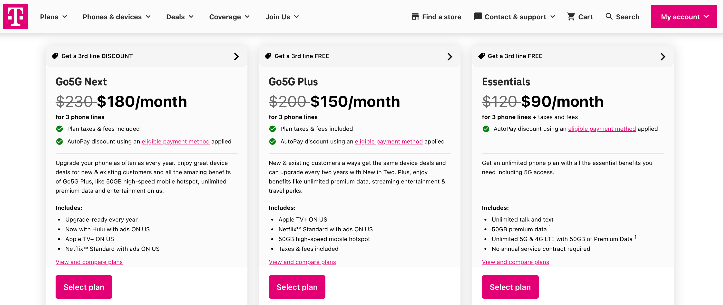 A screenshot of T-Mobile's plans.