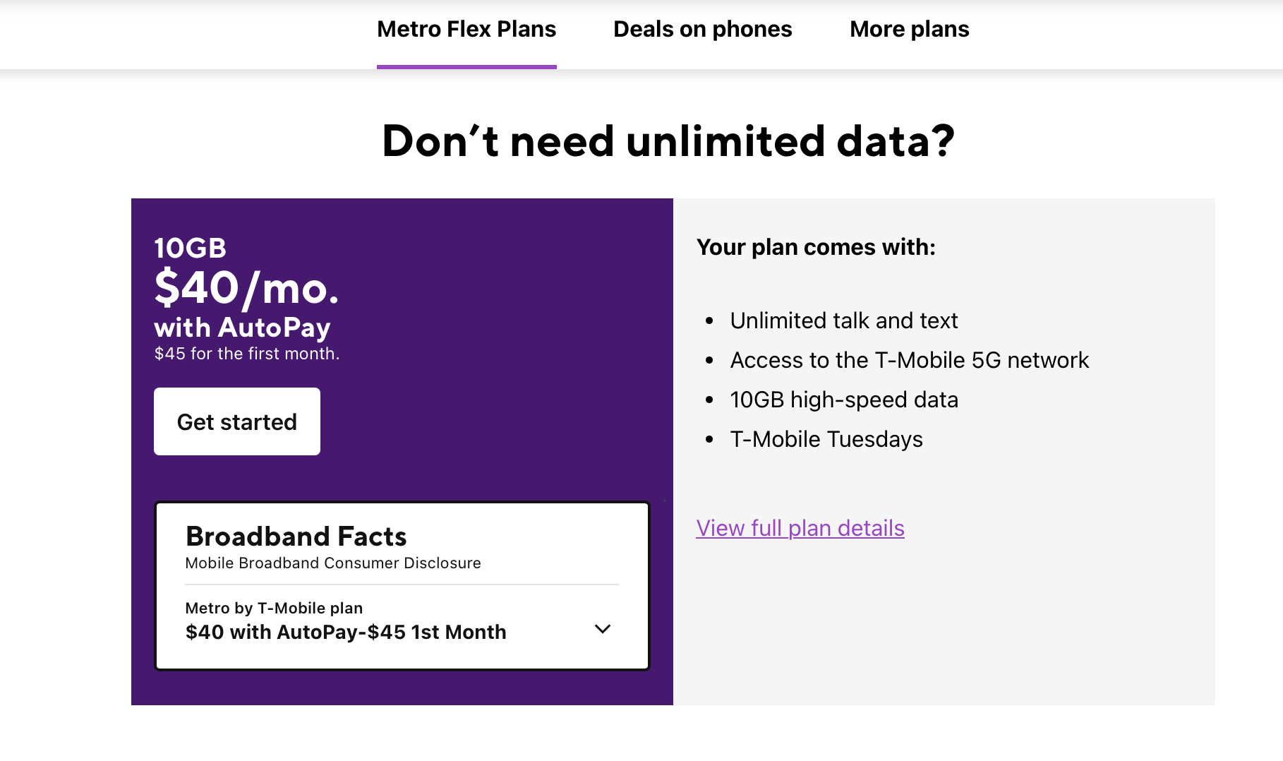 A screenshot of Metro by T-Mobile's 10GB plan.