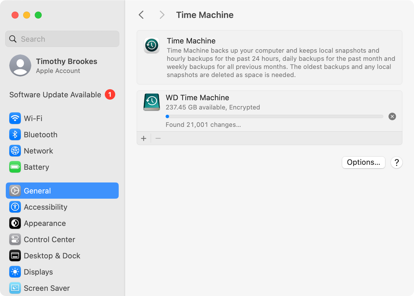 Time Machine backup in macOS System Settings.