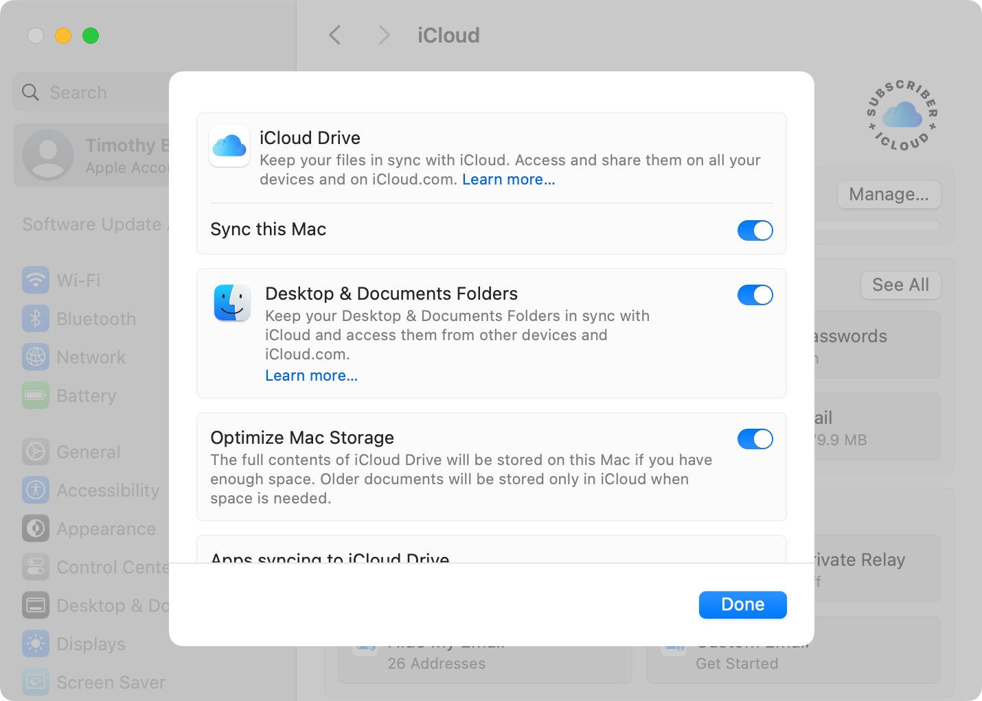 Syncing the Desktop and Documents folders in macOS Settings.