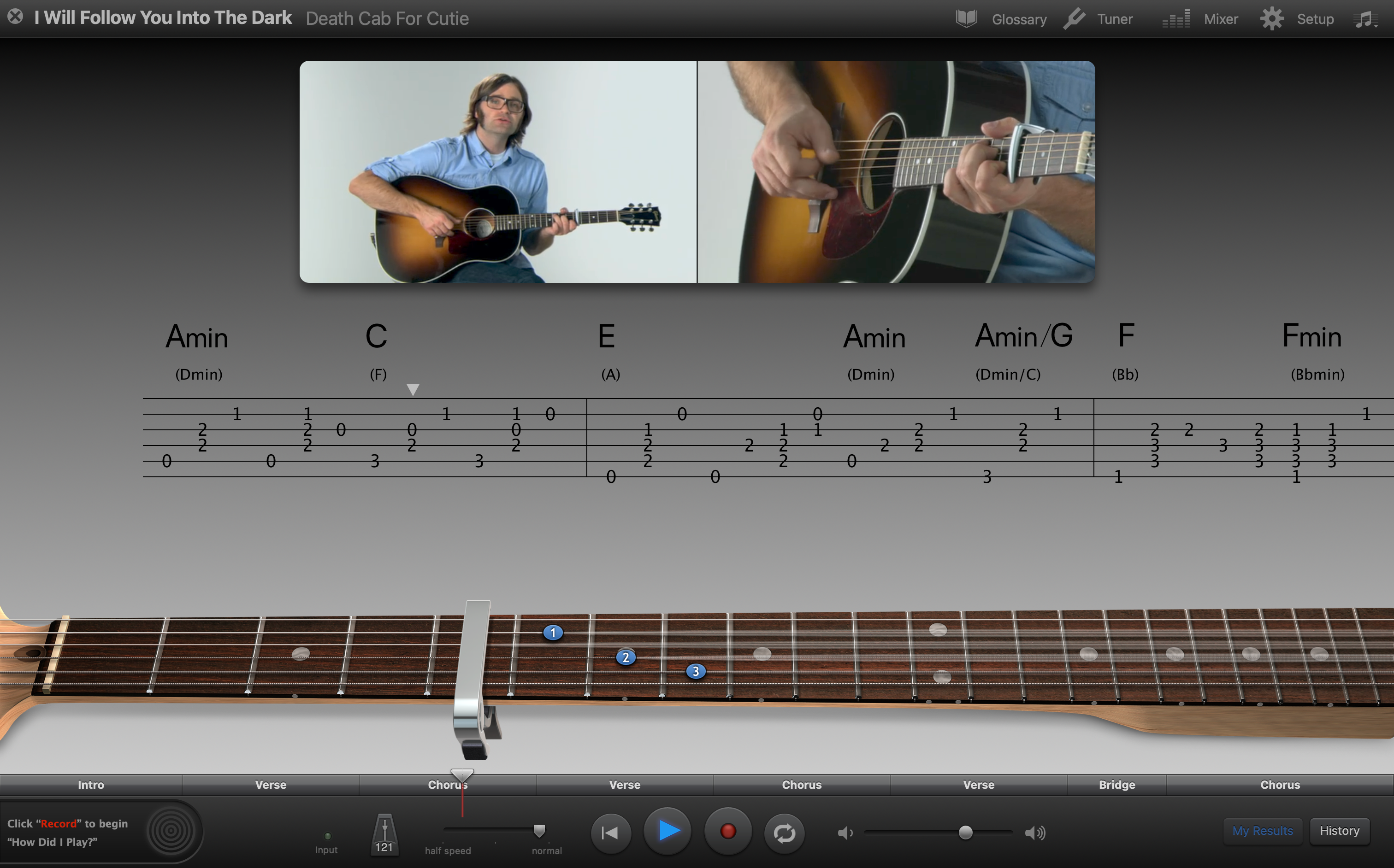 A screenshot of a guitar lesson in GarageBand.