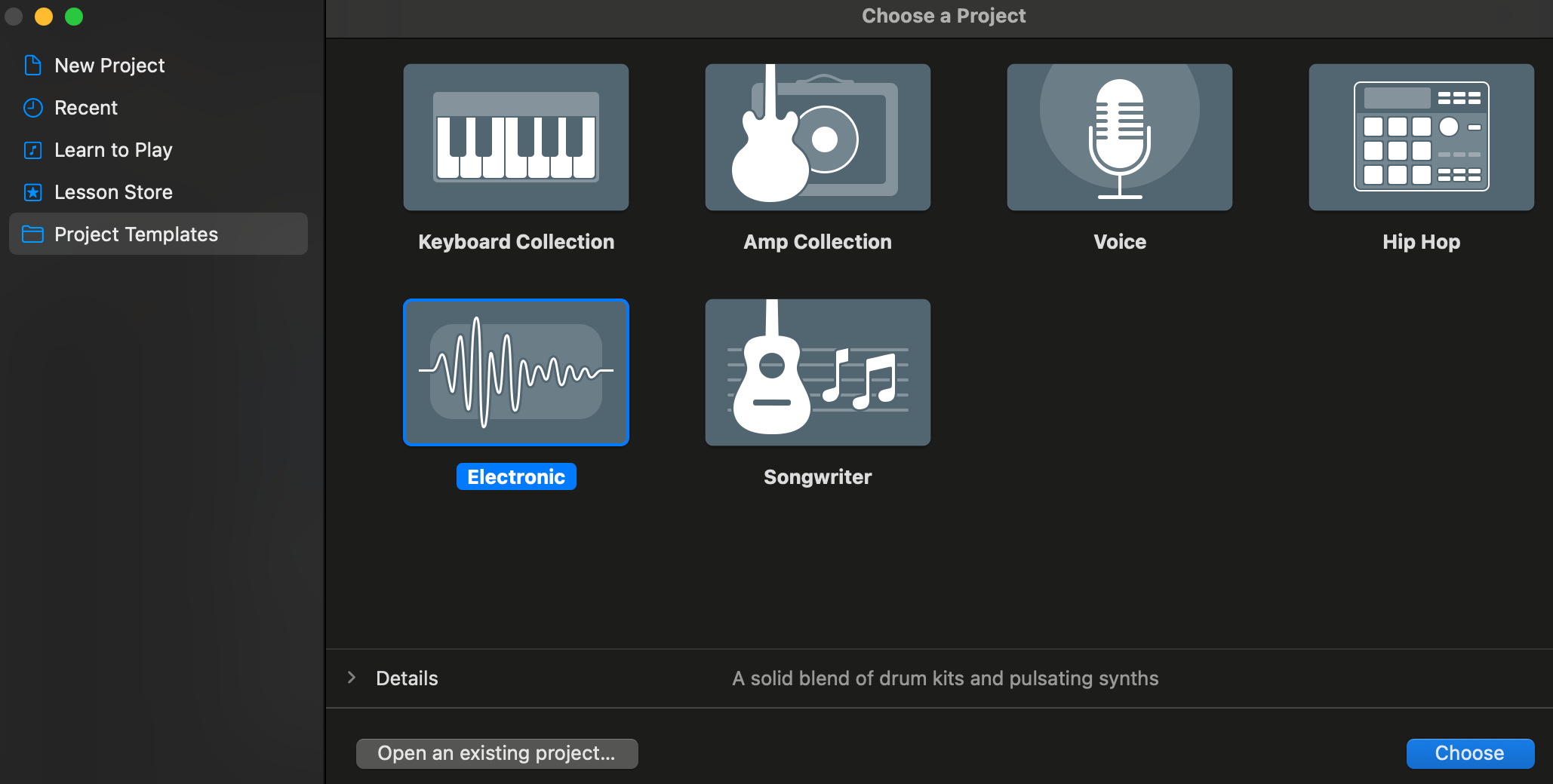 A screenshot of project templates in GarageBand.