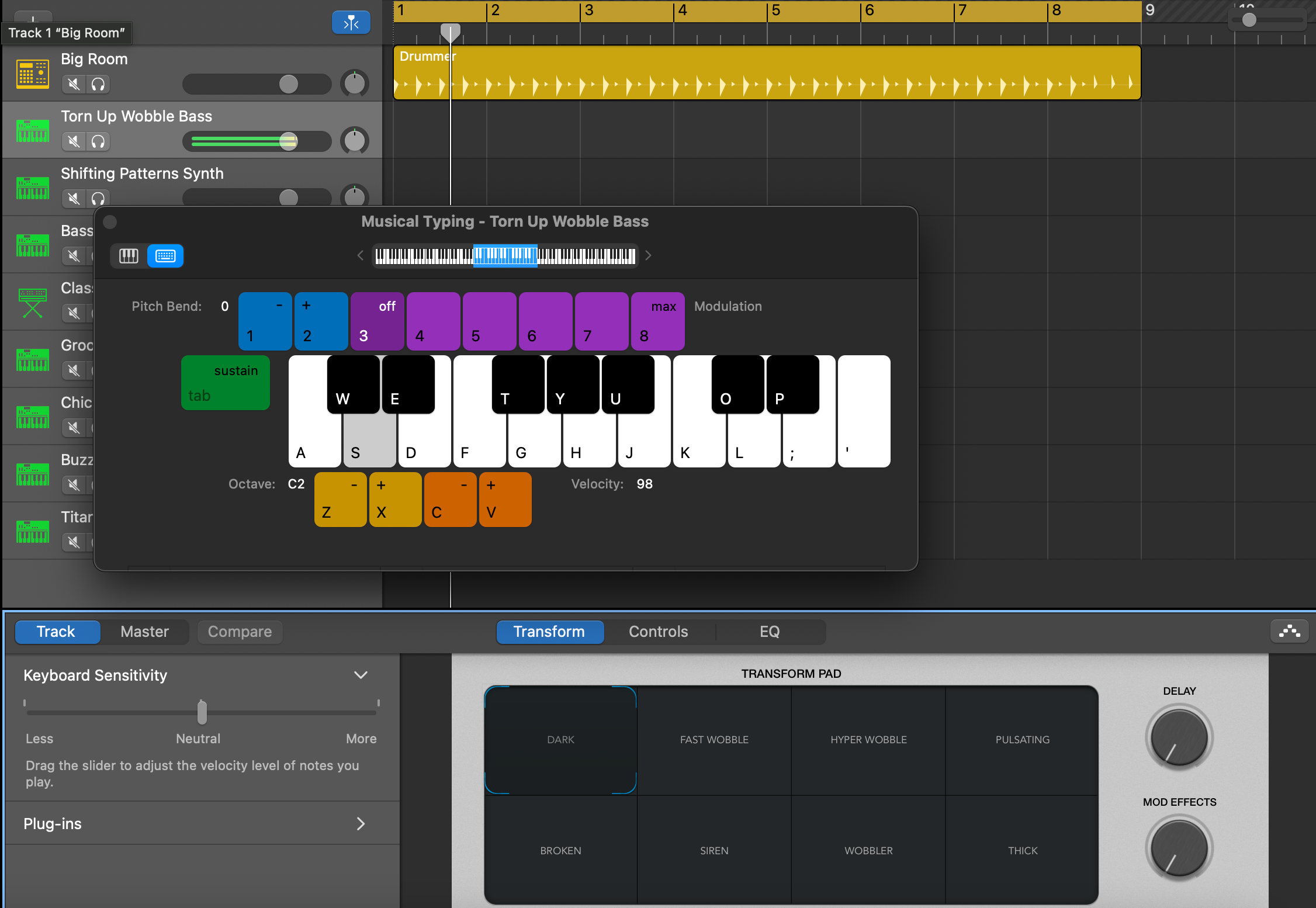 A screenshot of musical typing in GarageBand.