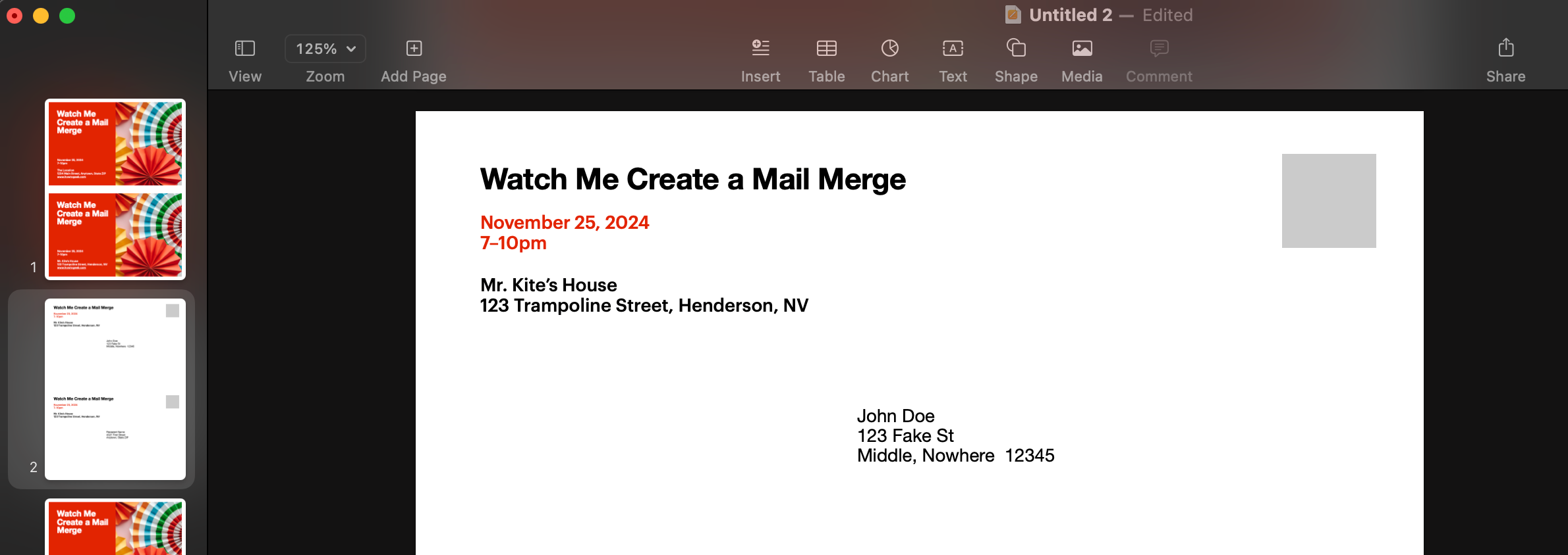 A screenshot of a completed mail merge in Apple Pages.