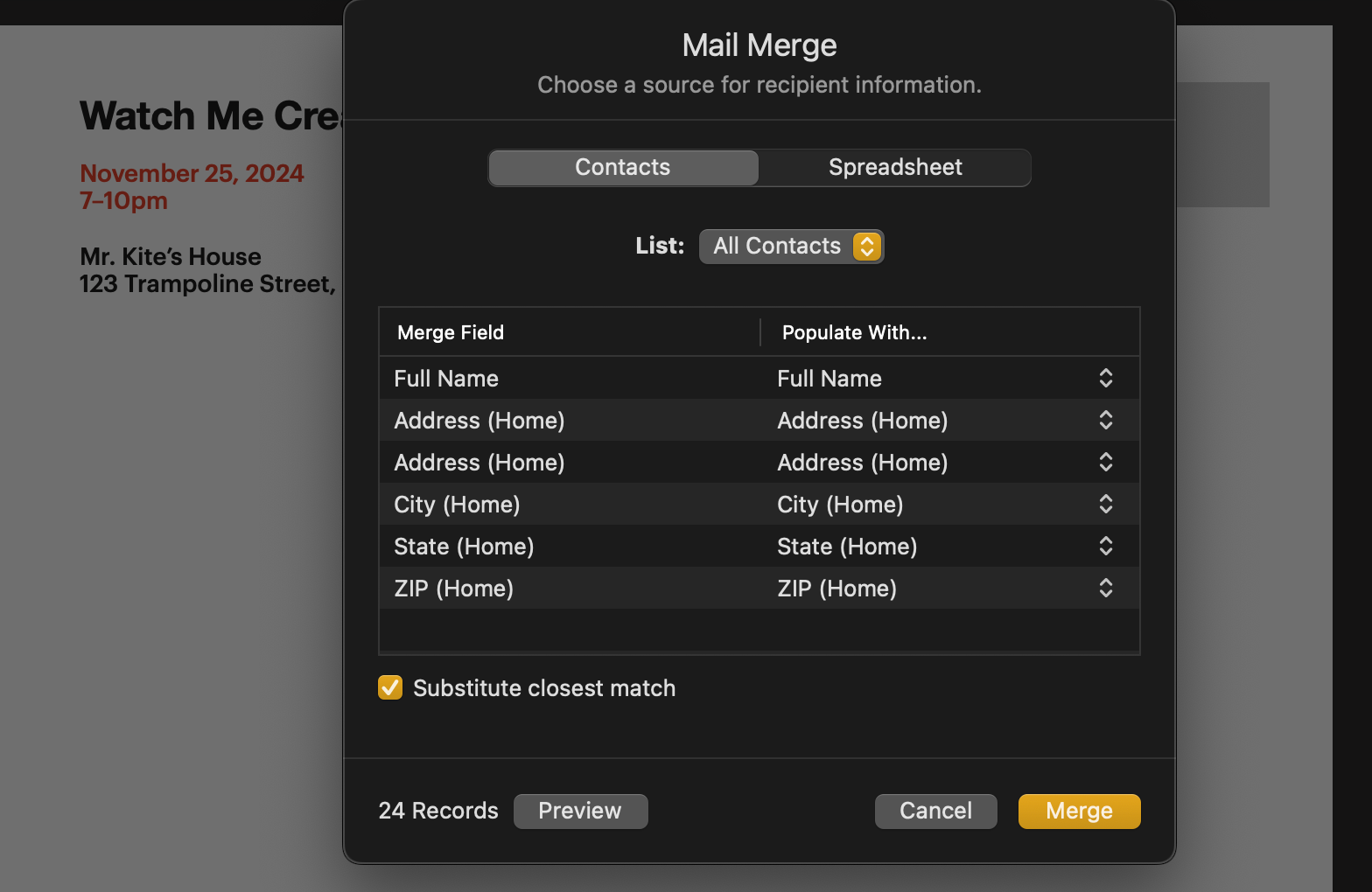 A screenshot of mail merge contacts settings in Apple Pages.