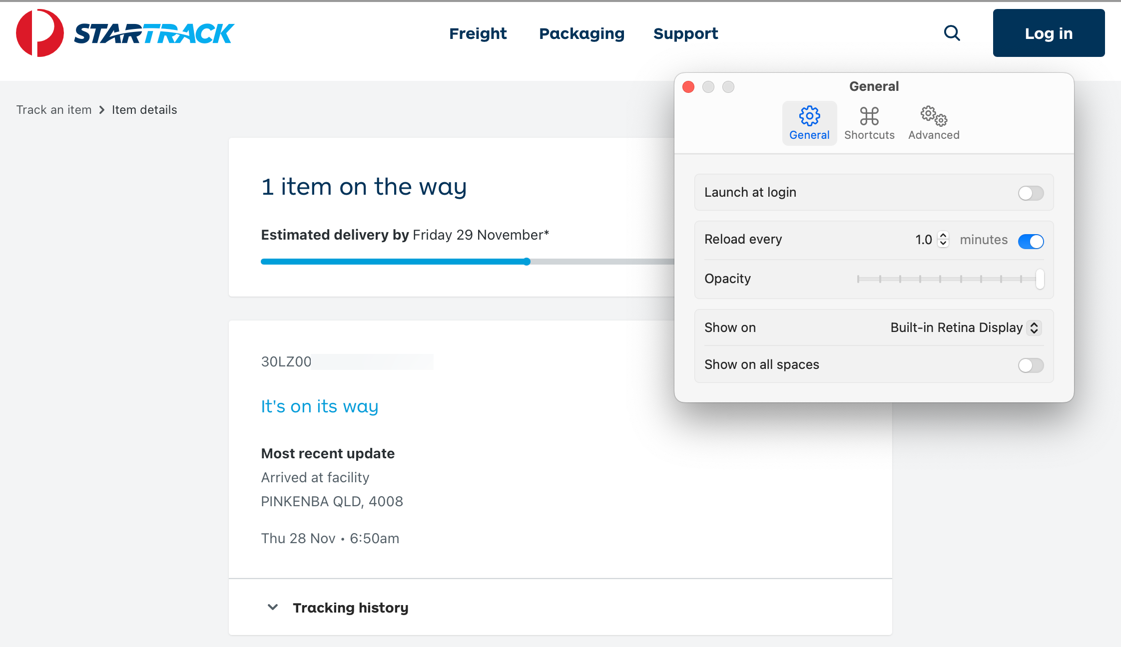 Using Plash to track a delivery on the desktop.