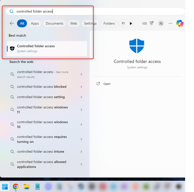Windows search button searching controlled folder access.