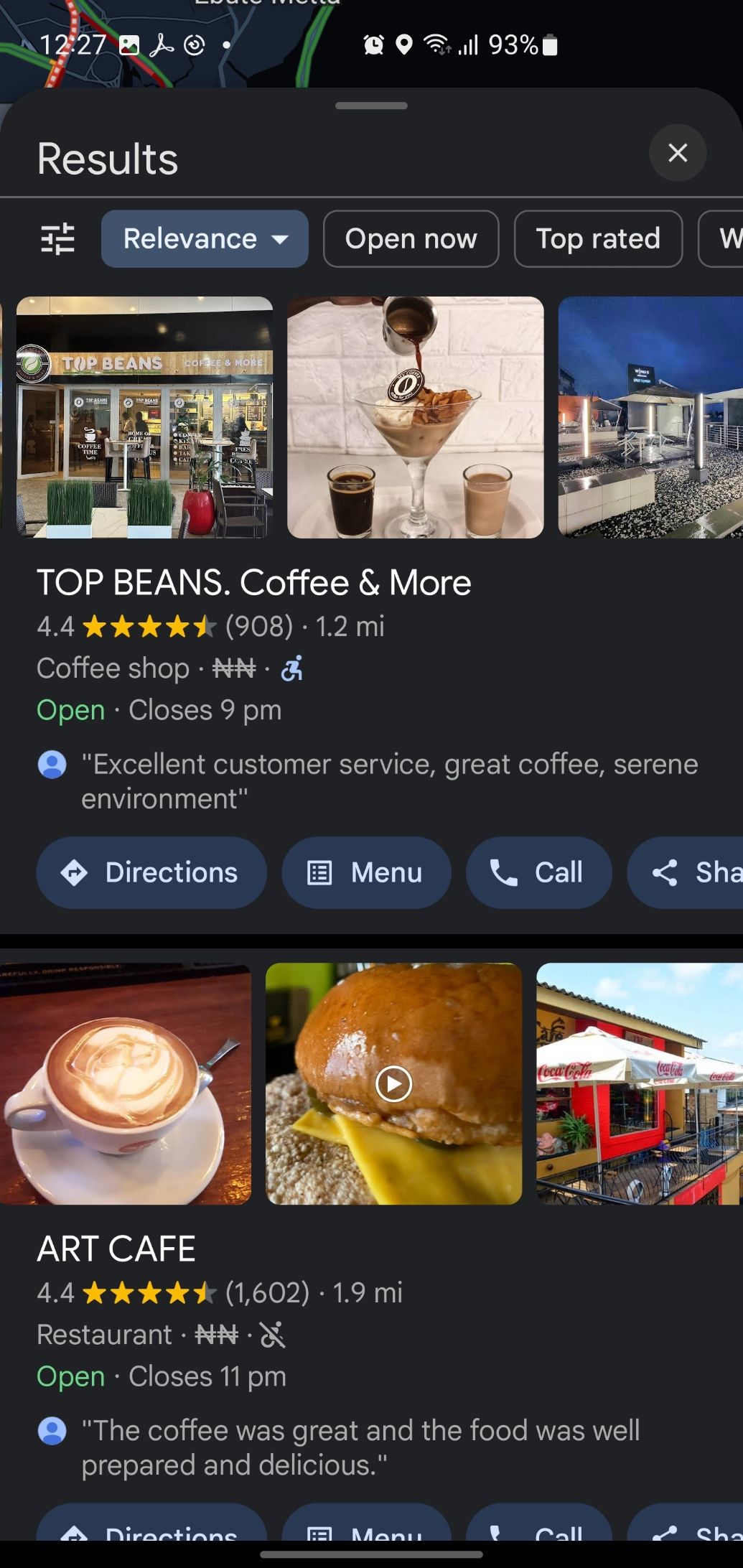 Search result for coffee near me on Google Maps.