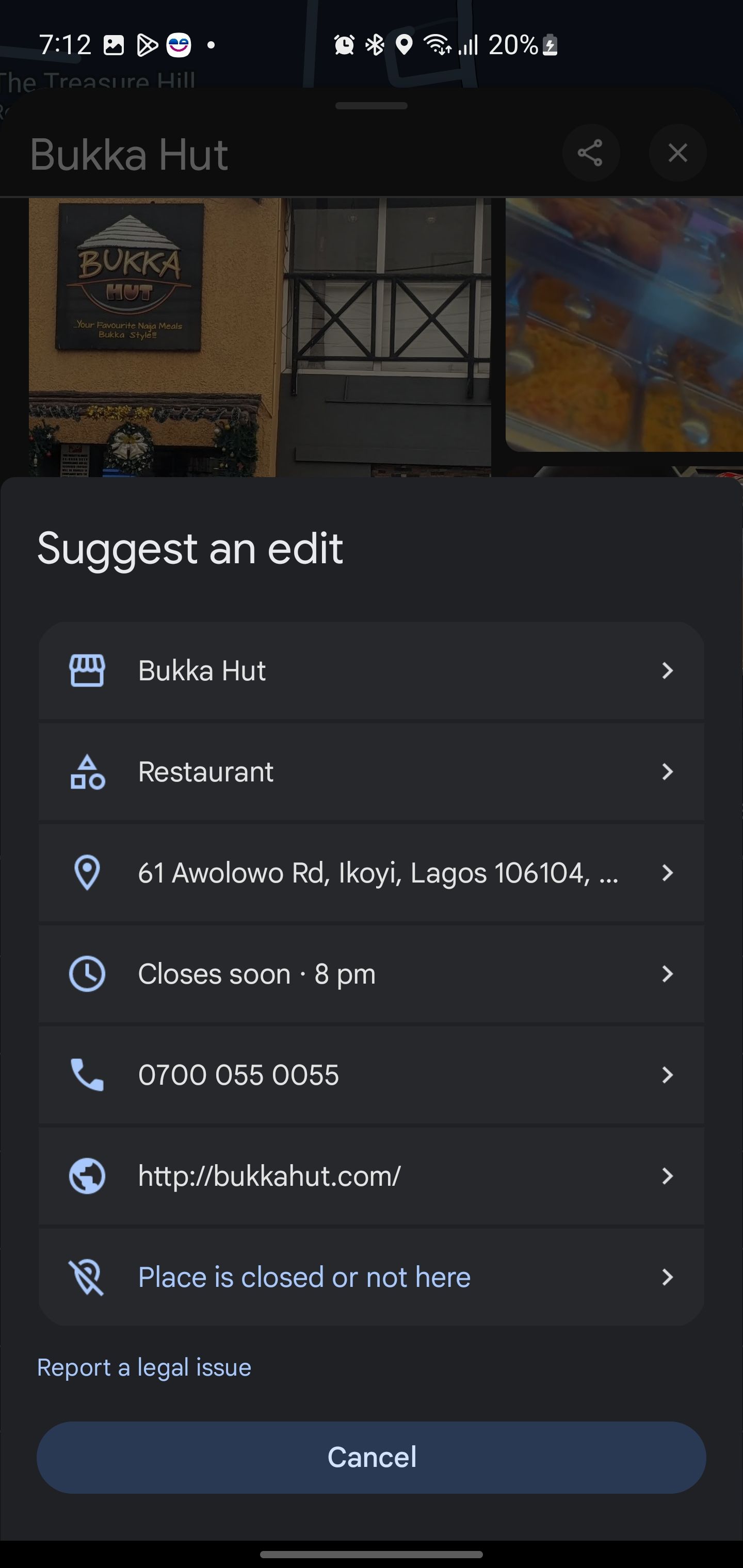 Business information edit options on Google Maps.