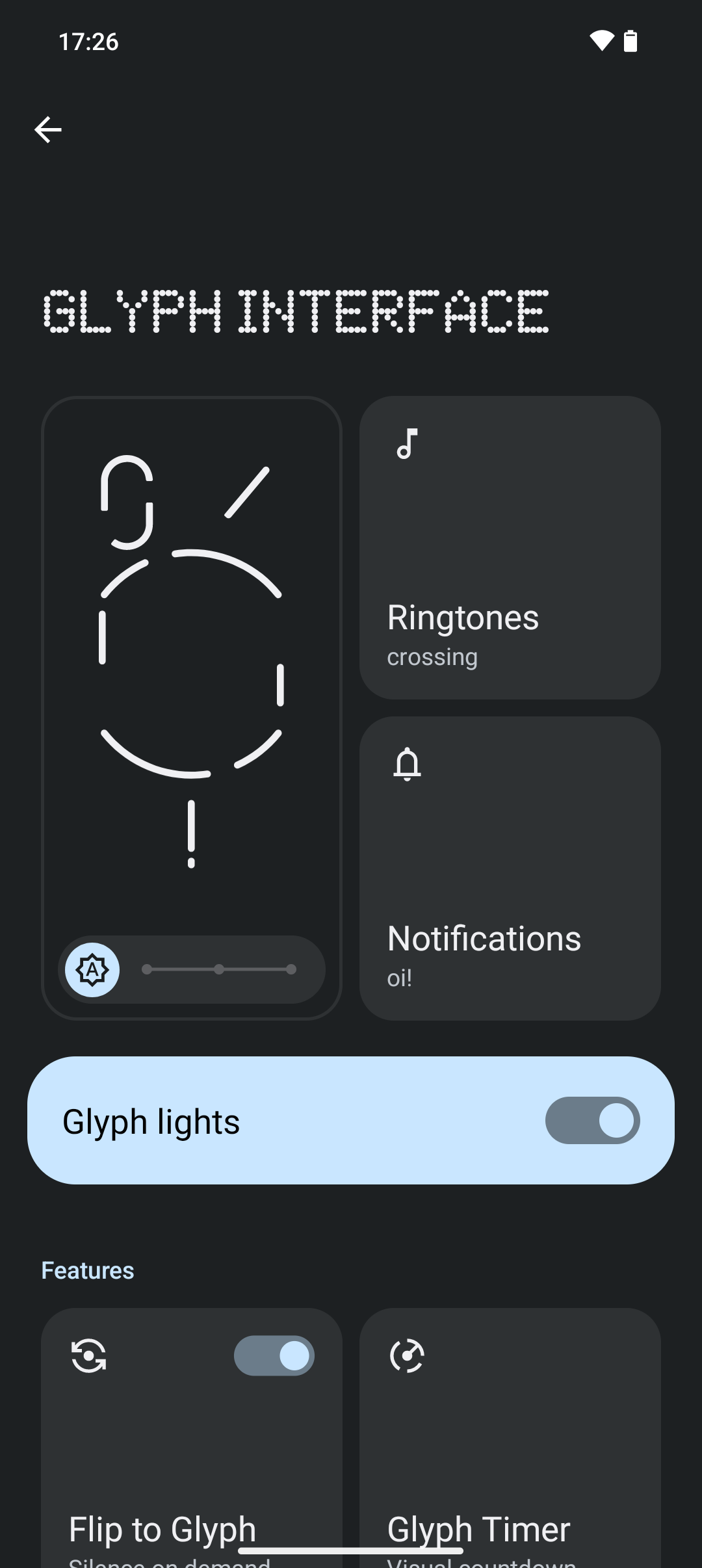 Various glyph interface options on a Nothing Phone 2.