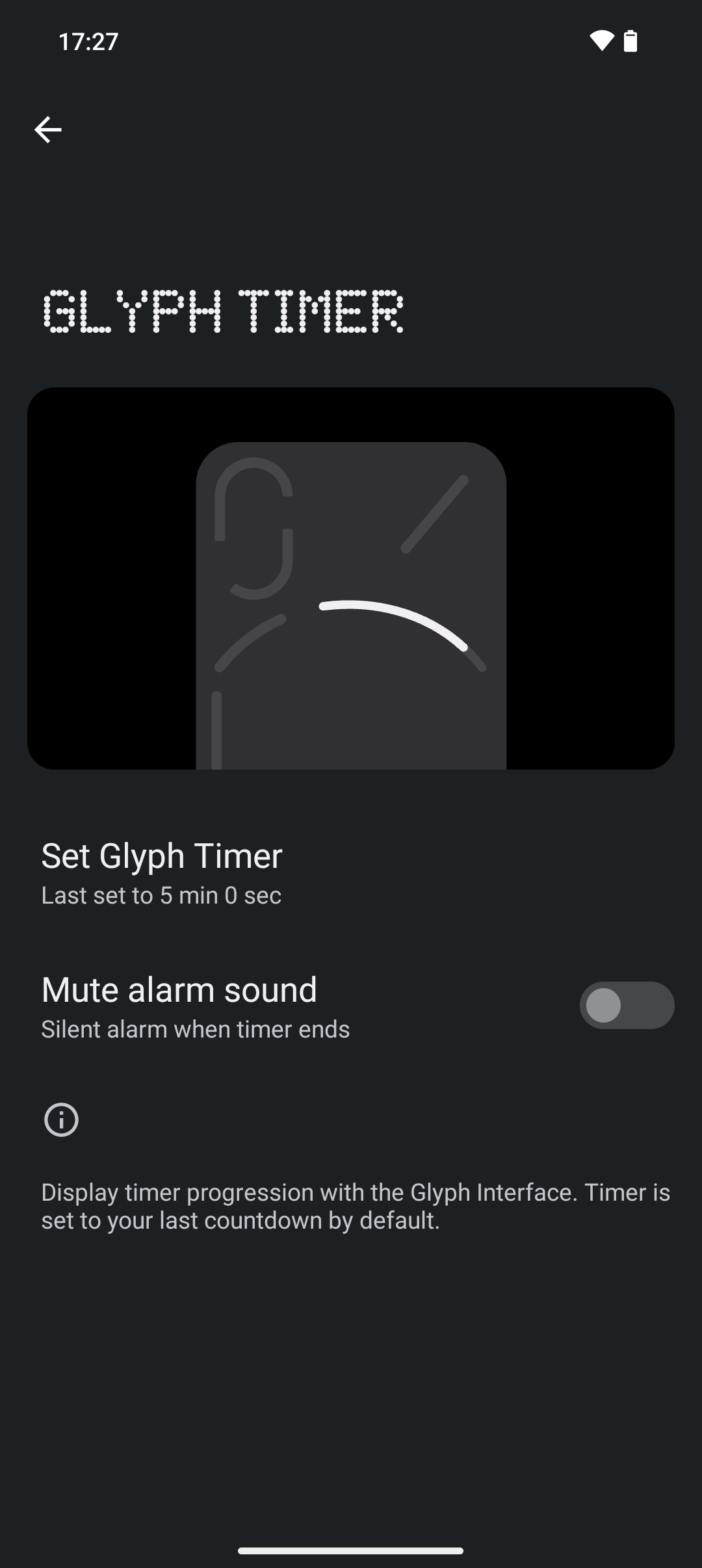 Glyph timer options on a Nothing Phone 2.